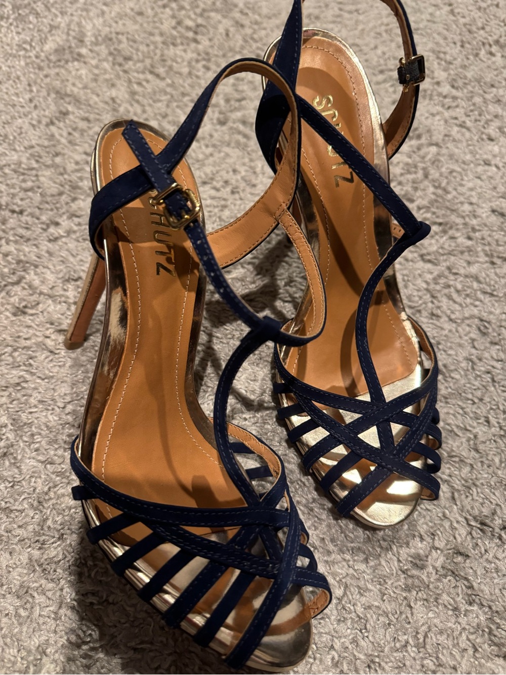 SCHUTZ Navy Strappy T-Bar High Heel Sandals with Gold Footbed - Picture 3 of 9